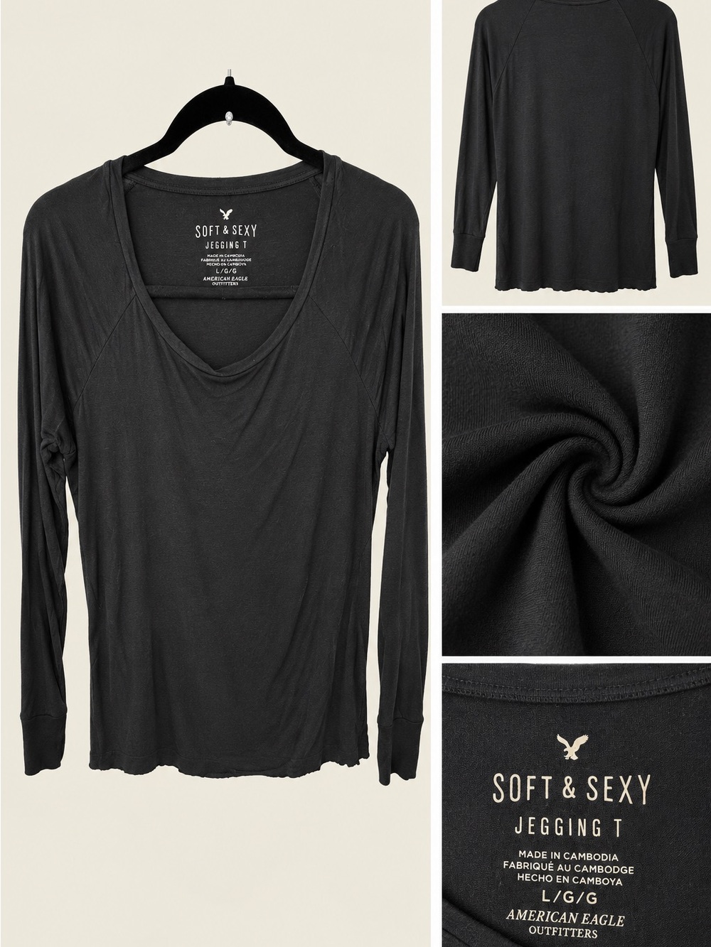 American Eagle Outfitters Soft & Sexy Long-Sleeve V-Neck Top in Black